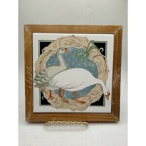 Vintage Geese In Wreath Vandor Pelzman Ceramic Tile Wood Trivet Hot Pad 1981